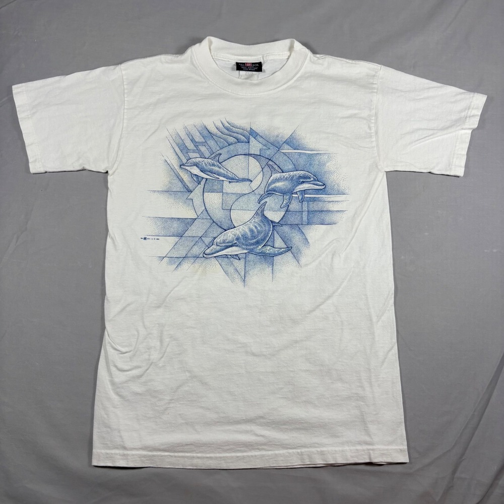 Vintage 1999 Del Sol Dolphin Graphic T-Shirt Mens Small White Blue 90s USA Made